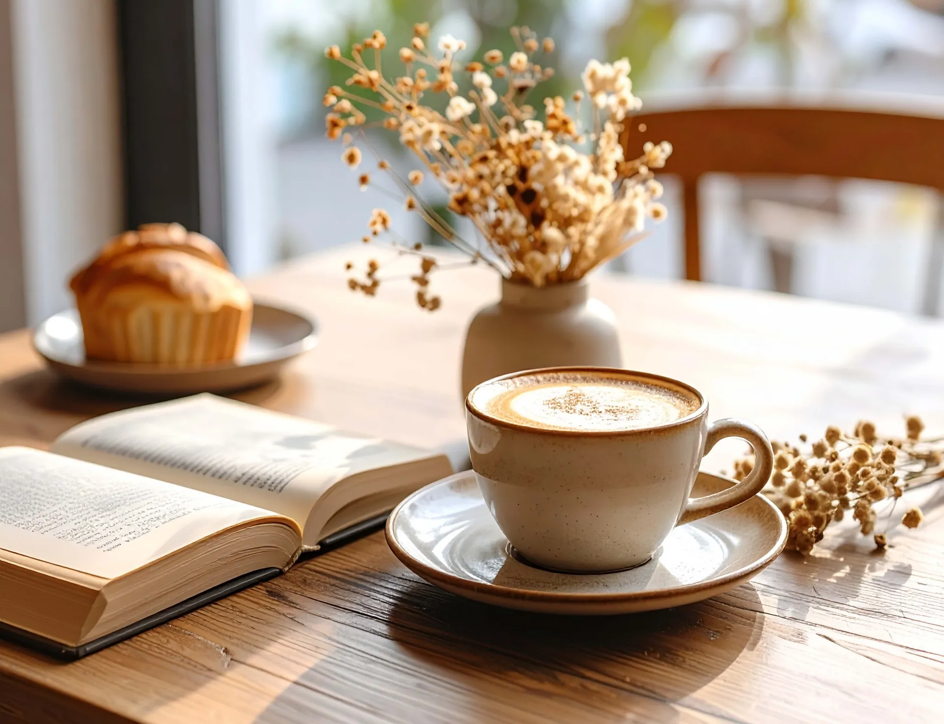 テーブルの上のお茶と本
